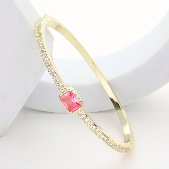 Pink Emerald Cut Stone With Pave Crystals Set in Gold Bangle - Picture 1 of 4
